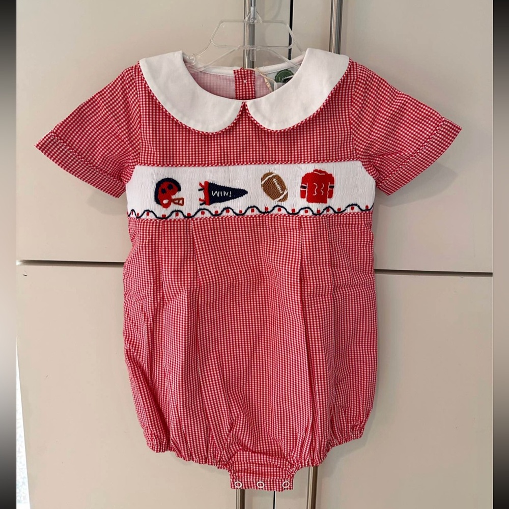 little sloans Gingham smocked Baby romper bubble with Sports football smocking